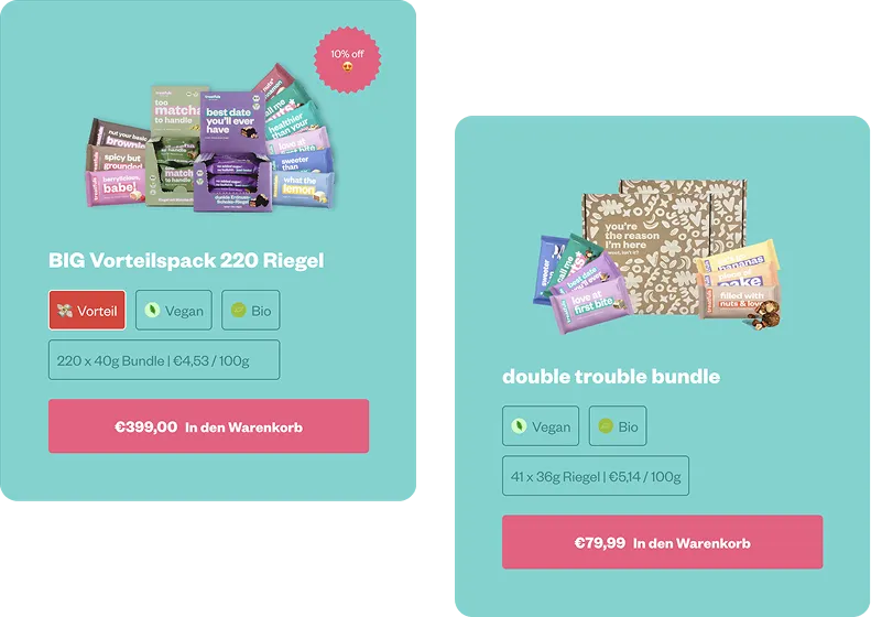 Produktkarten aus dem Treatfuls-Shop, die Produktdetails, Bundle-Infos und Kaufaktion in einer Ansicht kombinieren.
