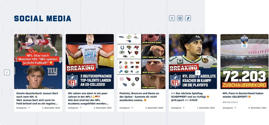 Darstellung der Social-Media-Sektion der NFL-Germany-Plattform als Teil der skalierbaren, modularen Webarchitektur