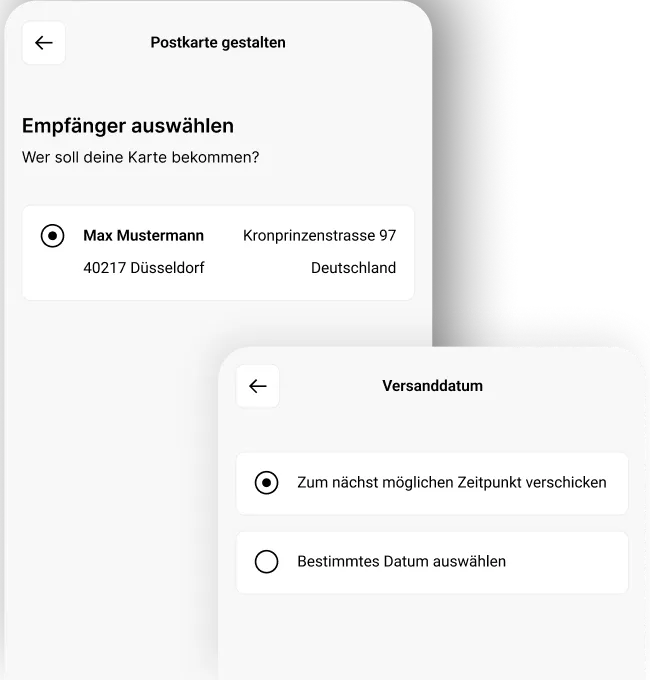 Versandprozess in der Pokamax-App mit Auswahl von Empfänger und gewünschtem Versandzeitpunkt.