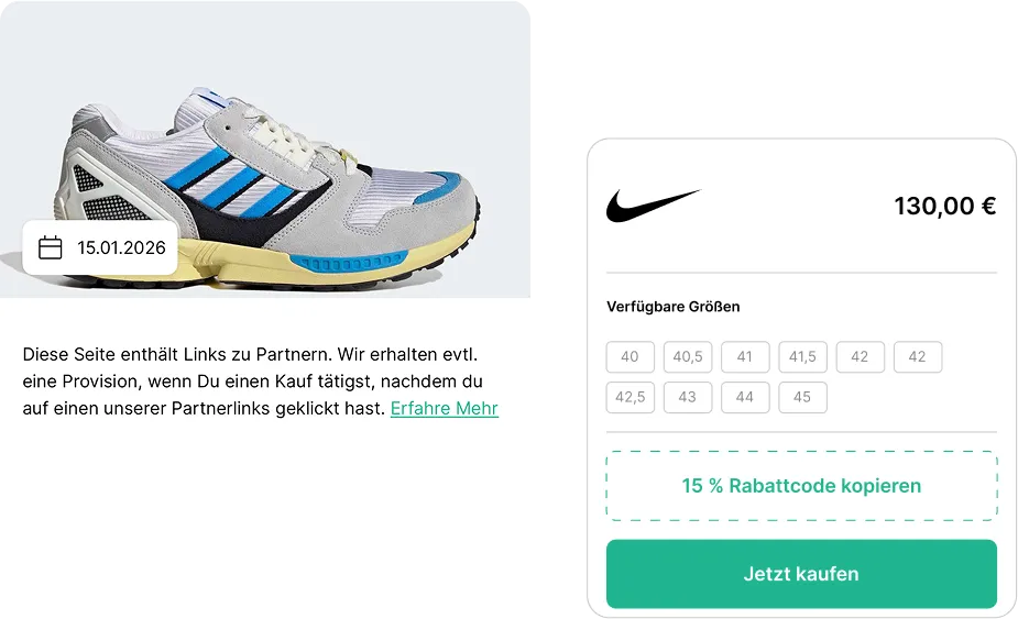 Darstellung eines Sneaker-Angebots mit Affiliate-Hinweis und verlinktem Shop, über den Käufe provisionsbasiert an Graylify weitergeleitet werden.    