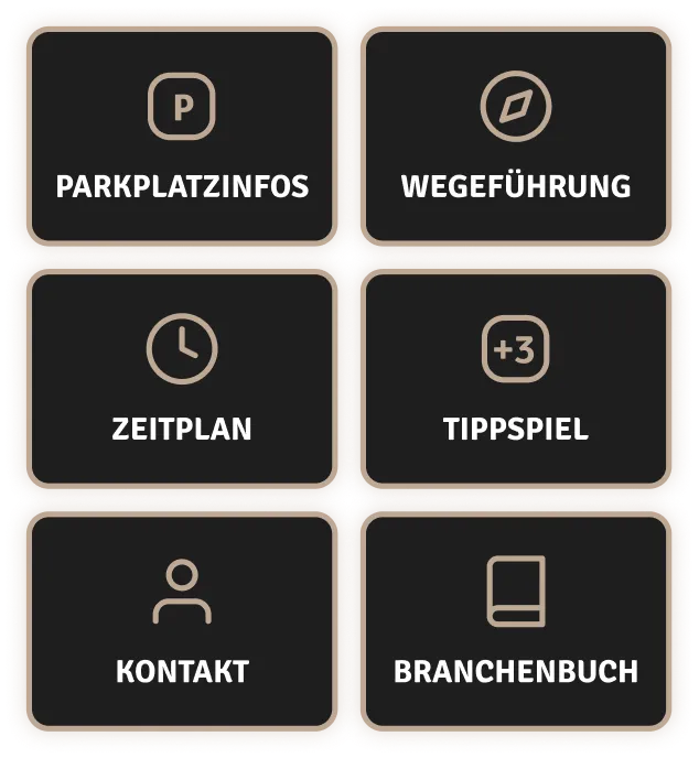 Erweiterbare Fohlen App Module wie Parkplatzinfos, Wegführung, Zeitplan, Tippspiel und Branchenbuch