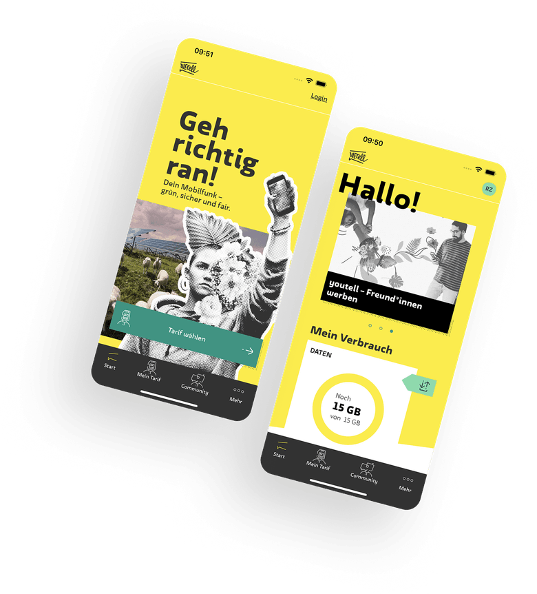 Um die Wetell App darzustellen, werden Screens mit Design-Elementen wie Tarifübersicht, Verbrauchsanzeige und Rechnungsbereich bereitgestellt.